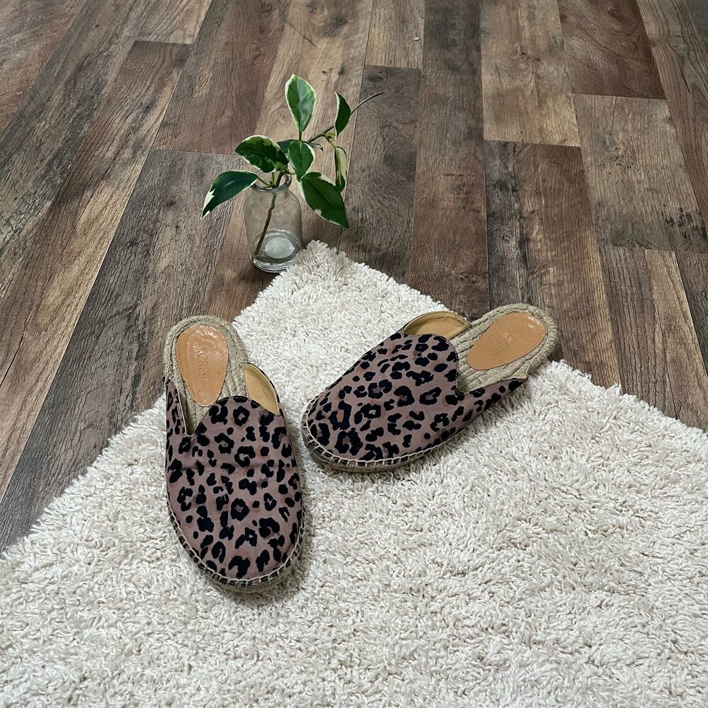 J.crew Size 9 Brown Black Leopard Print Canvas Slip-On Espadrille Mule Flats
